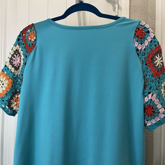 Womens Teal Blue Crochet Sleeve Boho Top Blouse Size L - Picture 6 of 7